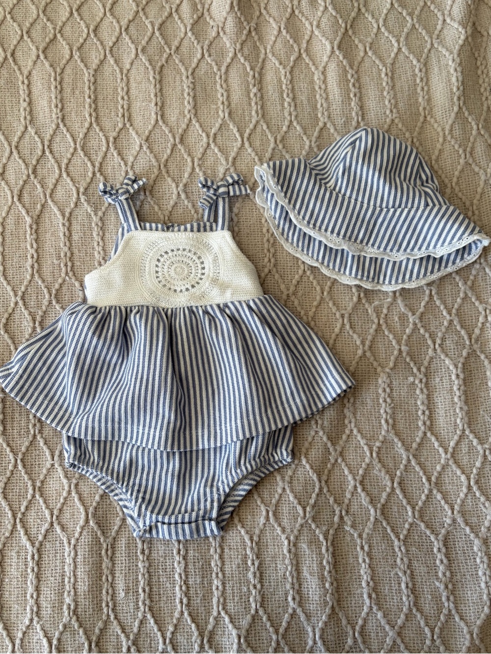Baby Blue Striped Sun Romper & Hat Set